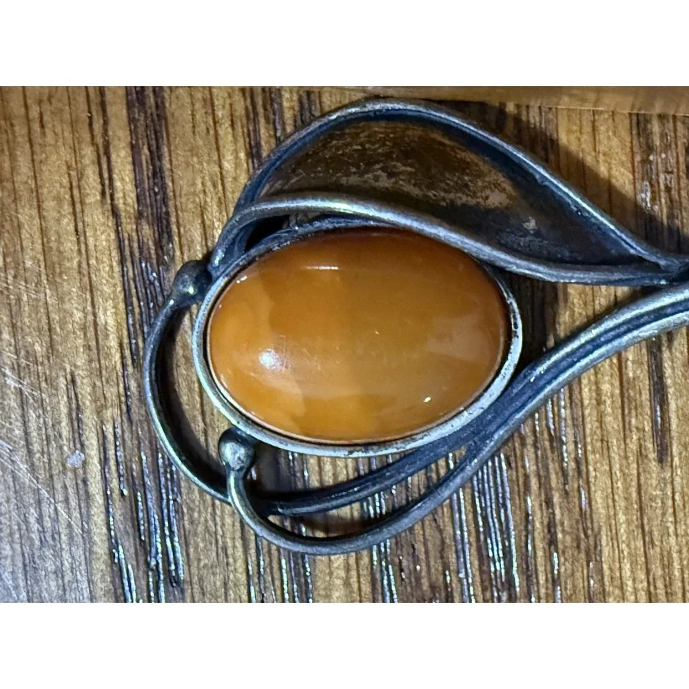Large Chunky Vintage Sterling Silver Baltic Egg Yolk Amber Drop Pendant 925
